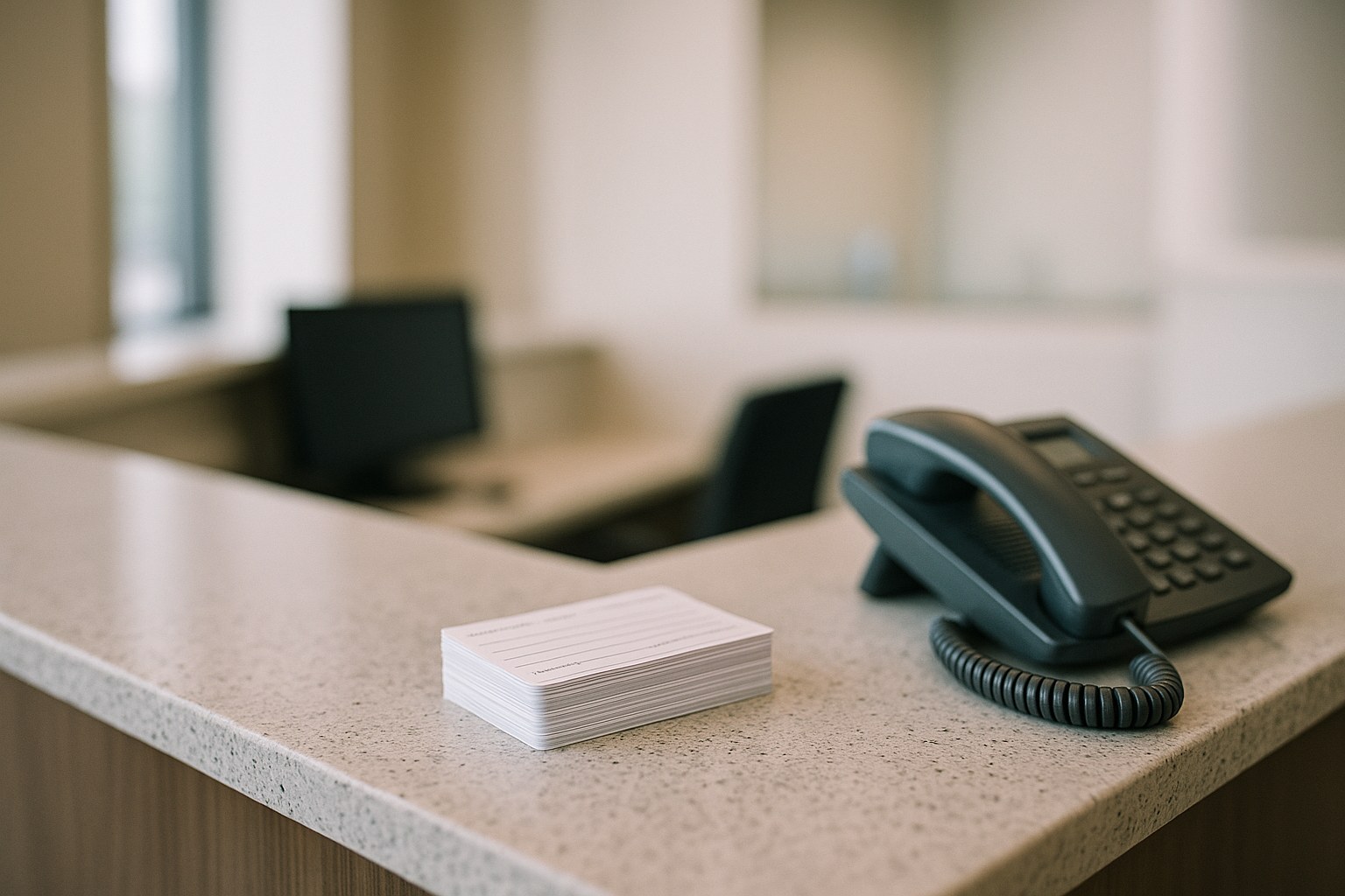 Close-up of a dental office reception area showing a clean and welcoming environment with appointment cards and a phone