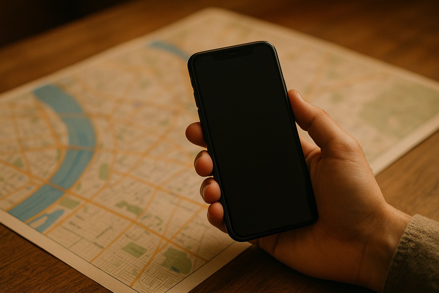Close-up of a hand holding a smartphone with a blurred out map application in the background