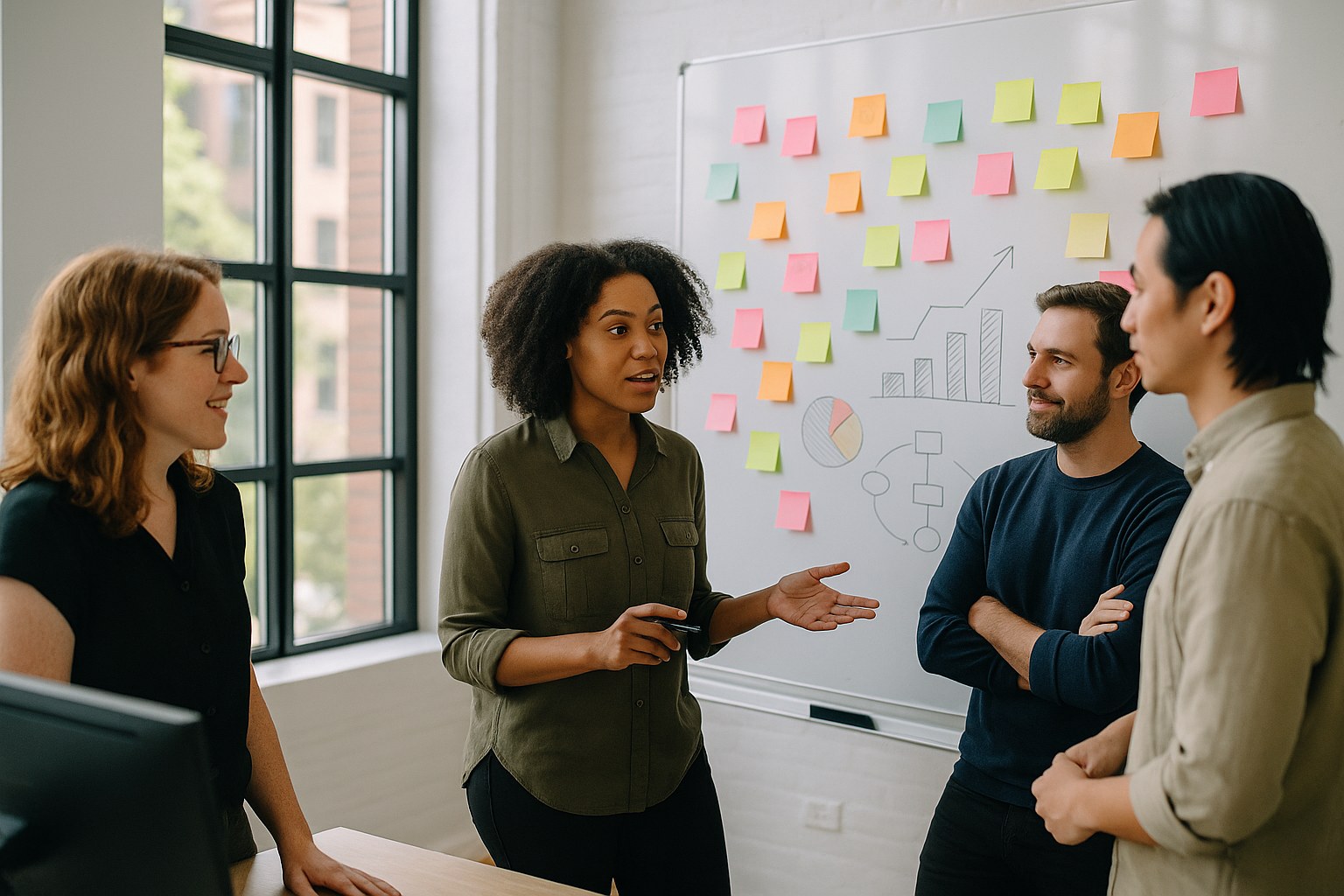 Modern open office with diverse team discussing around a whiteboard filled with colorful sticky notes